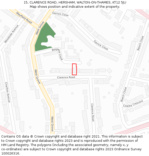 15, CLARENCE ROAD, HERSHAM, WALTON-ON-THAMES, KT12 5JU: Location map and indicative extent of plot