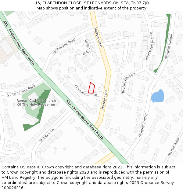 15, CLARENDON CLOSE, ST LEONARDS-ON-SEA, TN37 7JQ: Location map and indicative extent of plot