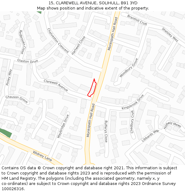 15, CLAREWELL AVENUE, SOLIHULL, B91 3YD: Location map and indicative extent of plot