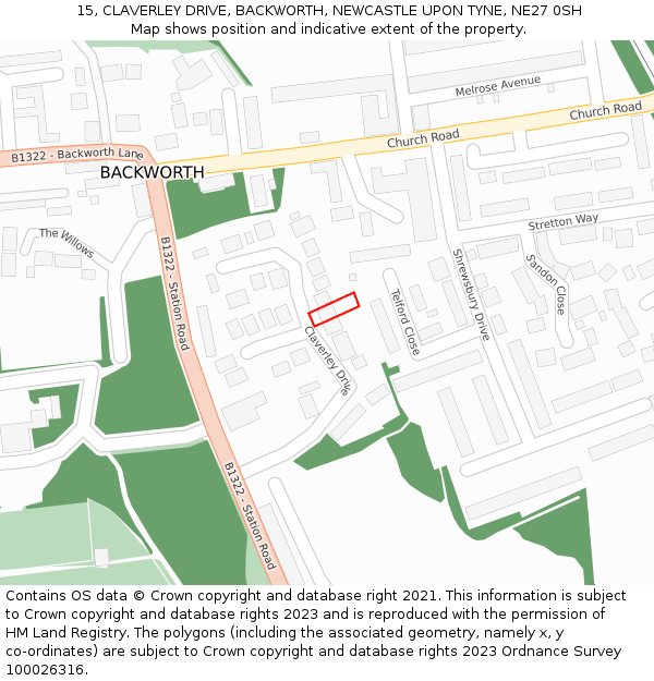 15, CLAVERLEY DRIVE, BACKWORTH, NEWCASTLE UPON TYNE, NE27 0SH: Location map and indicative extent of plot