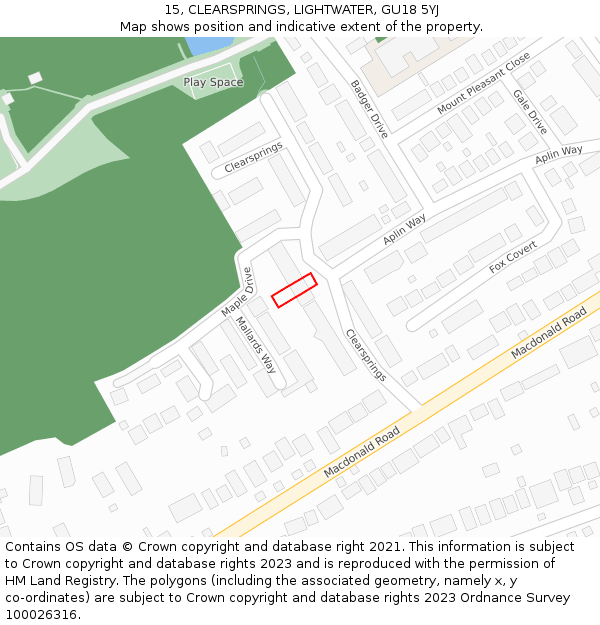 15, CLEARSPRINGS, LIGHTWATER, GU18 5YJ: Location map and indicative extent of plot