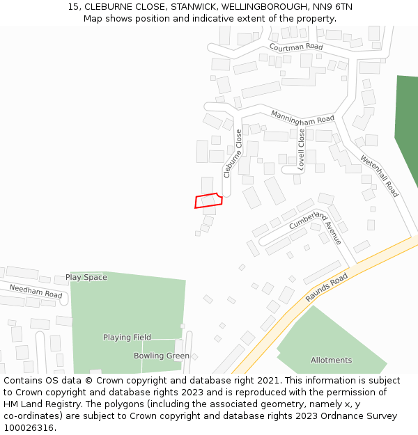 15, CLEBURNE CLOSE, STANWICK, WELLINGBOROUGH, NN9 6TN: Location map and indicative extent of plot