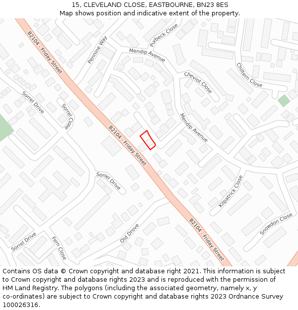 15, CLEVELAND CLOSE, EASTBOURNE, BN23 8ES: Location map and indicative extent of plot