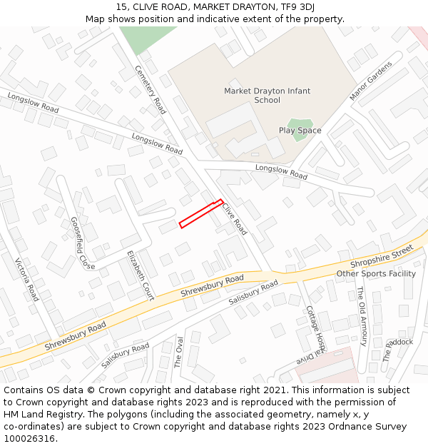 15, CLIVE ROAD, MARKET DRAYTON, TF9 3DJ: Location map and indicative extent of plot