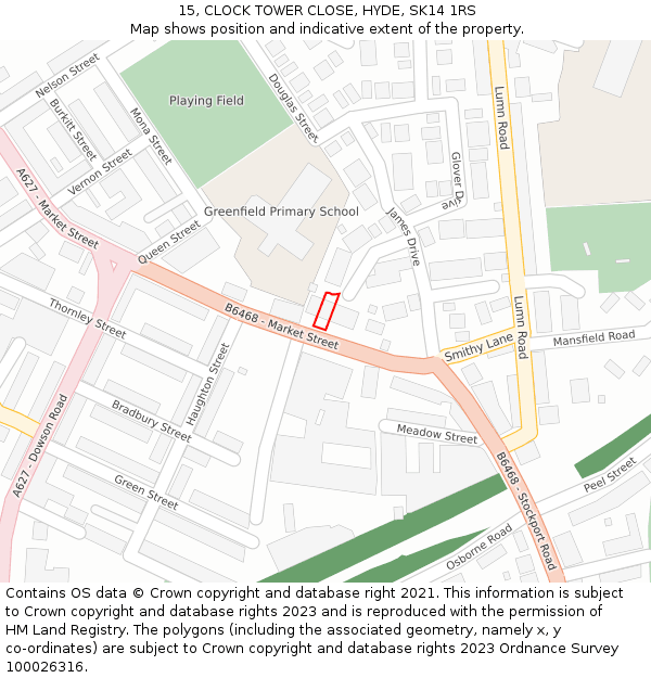15, CLOCK TOWER CLOSE, HYDE, SK14 1RS: Location map and indicative extent of plot