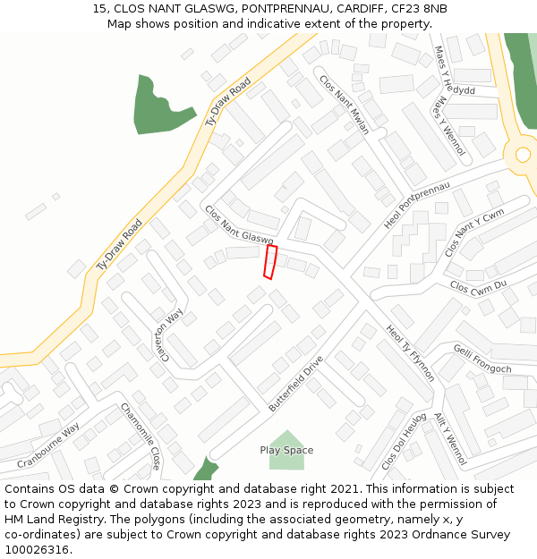 15, CLOS NANT GLASWG, PONTPRENNAU, CARDIFF, CF23 8NB: Location map and indicative extent of plot