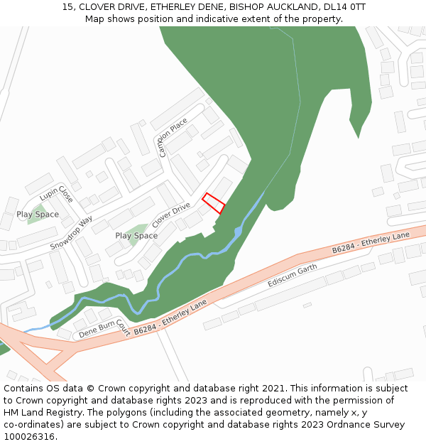 15, CLOVER DRIVE, ETHERLEY DENE, BISHOP AUCKLAND, DL14 0TT: Location map and indicative extent of plot