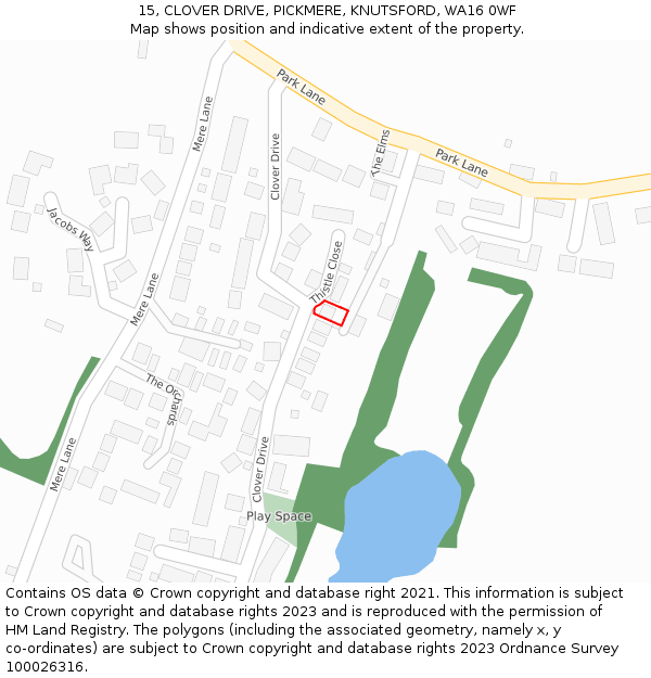 15, CLOVER DRIVE, PICKMERE, KNUTSFORD, WA16 0WF: Location map and indicative extent of plot