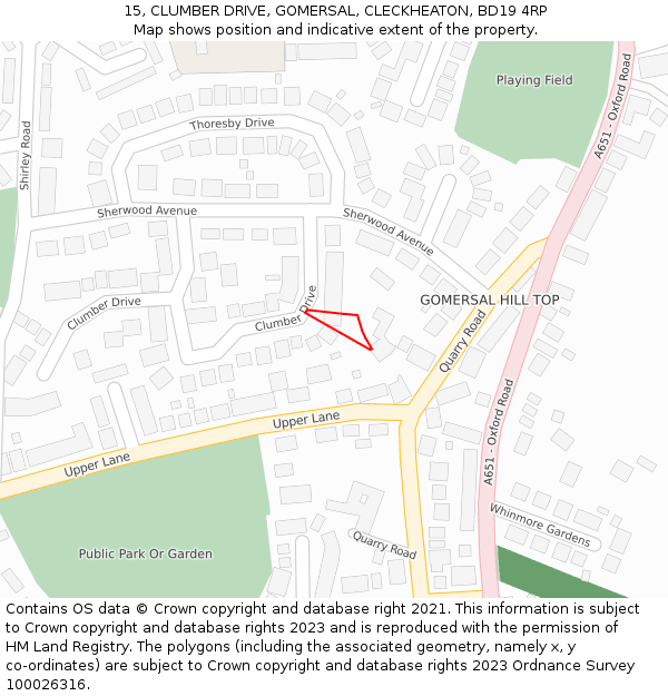 15, CLUMBER DRIVE, GOMERSAL, CLECKHEATON, BD19 4RP: Location map and indicative extent of plot