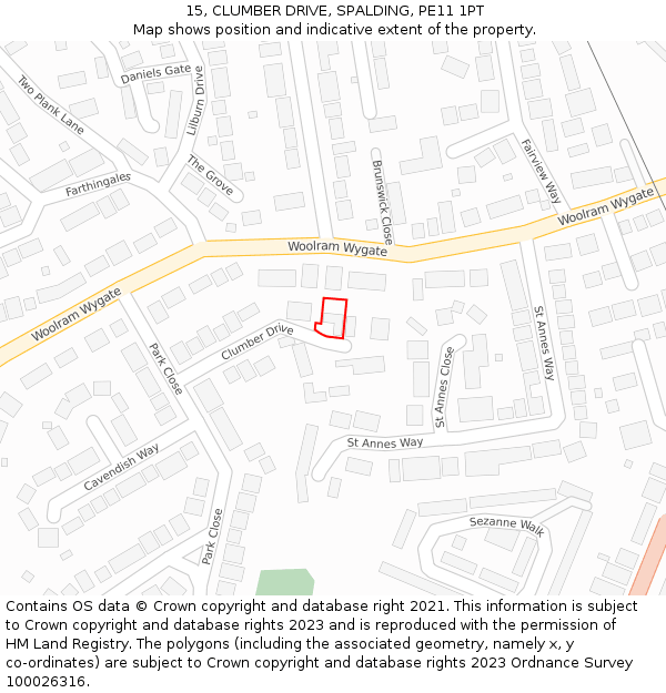 15, CLUMBER DRIVE, SPALDING, PE11 1PT: Location map and indicative extent of plot