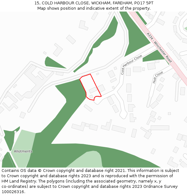 15, COLD HARBOUR CLOSE, WICKHAM, FAREHAM, PO17 5PT: Location map and indicative extent of plot