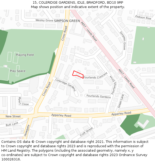 15, COLERIDGE GARDENS, IDLE, BRADFORD, BD10 9RP: Location map and indicative extent of plot