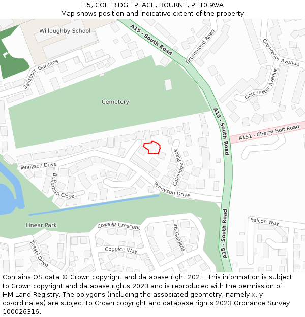 15, COLERIDGE PLACE, BOURNE, PE10 9WA: Location map and indicative extent of plot