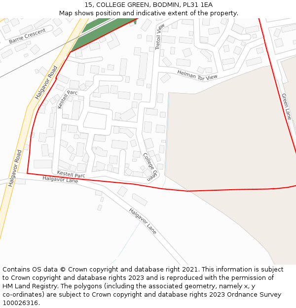 15, COLLEGE GREEN, BODMIN, PL31 1EA: Location map and indicative extent of plot