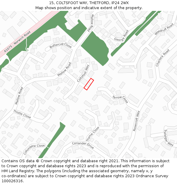 15, COLTSFOOT WAY, THETFORD, IP24 2WX: Location map and indicative extent of plot