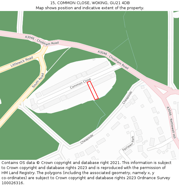 15, COMMON CLOSE, WOKING, GU21 4DB: Location map and indicative extent of plot