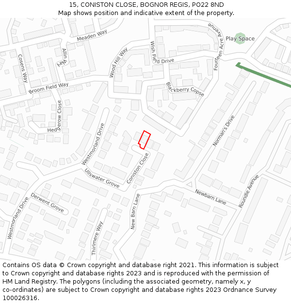 15, CONISTON CLOSE, BOGNOR REGIS, PO22 8ND: Location map and indicative extent of plot