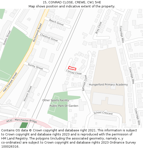 15, CONRAD CLOSE, CREWE, CW1 5HE: Location map and indicative extent of plot