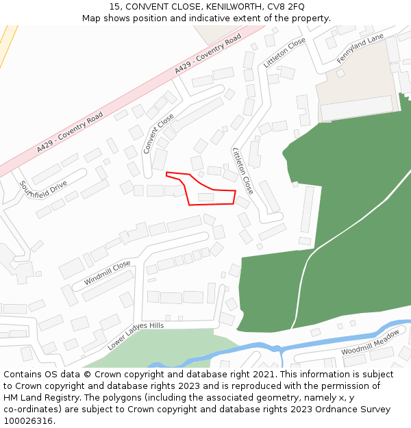 15, CONVENT CLOSE, KENILWORTH, CV8 2FQ: Location map and indicative extent of plot