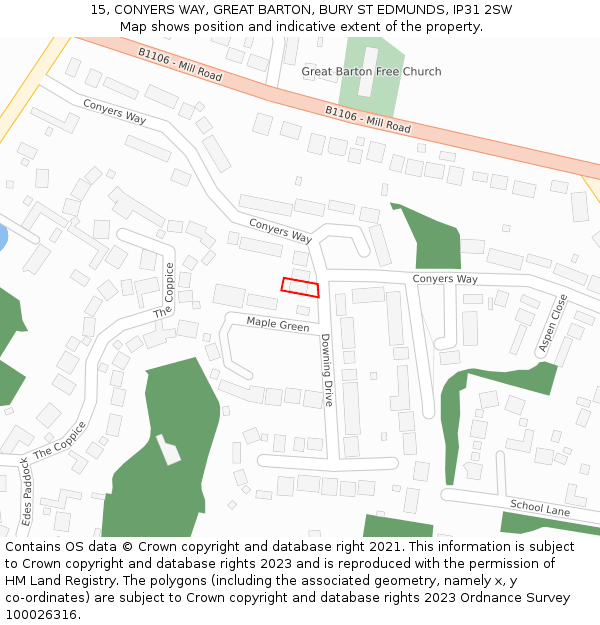 15, CONYERS WAY, GREAT BARTON, BURY ST EDMUNDS, IP31 2SW: Location map and indicative extent of plot