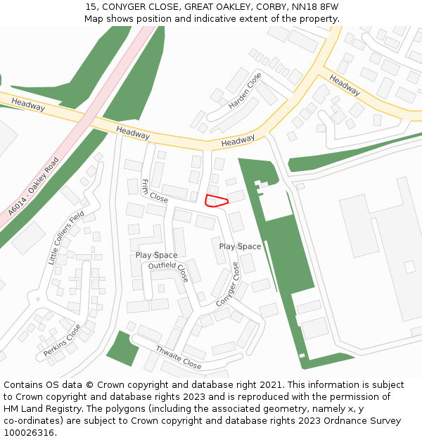 15, CONYGER CLOSE, GREAT OAKLEY, CORBY, NN18 8FW: Location map and indicative extent of plot