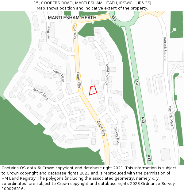 15, COOPERS ROAD, MARTLESHAM HEATH, IPSWICH, IP5 3SJ: Location map and indicative extent of plot