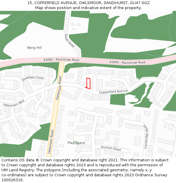 15, COPPERFIELD AVENUE, OWLSMOOR, SANDHURST, GU47 0GZ: Location map and indicative extent of plot