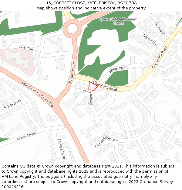 15, CORBETT CLOSE, YATE, BRISTOL, BS37 7BA: Location map and indicative extent of plot