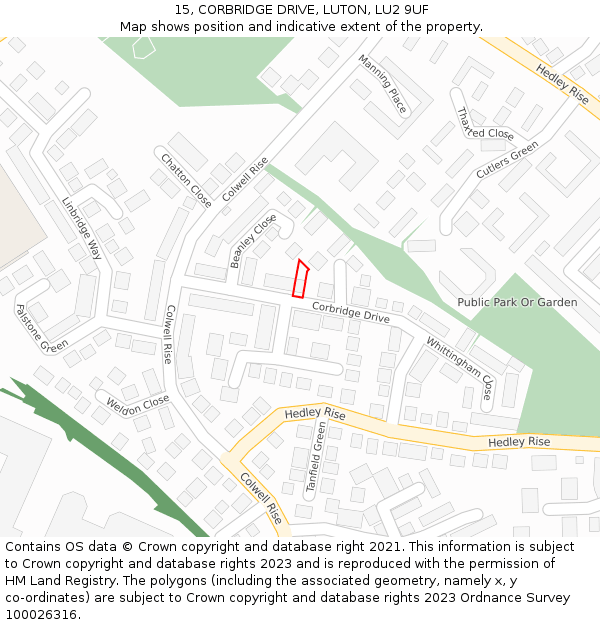 15, CORBRIDGE DRIVE, LUTON, LU2 9UF: Location map and indicative extent of plot