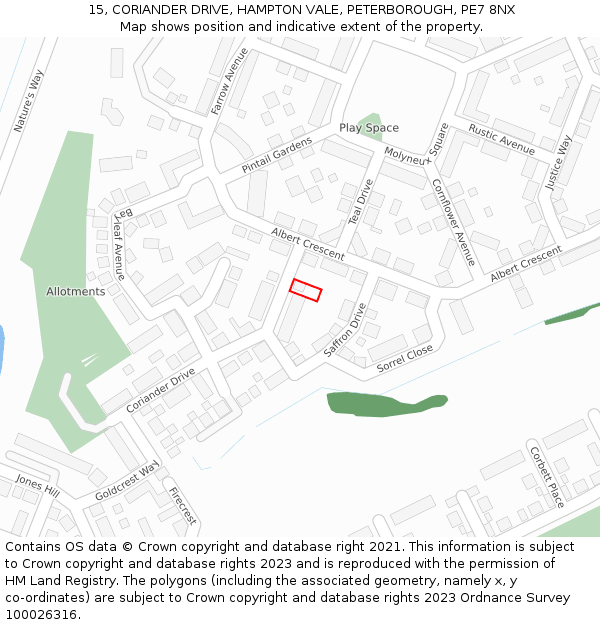 15, CORIANDER DRIVE, HAMPTON VALE, PETERBOROUGH, PE7 8NX: Location map and indicative extent of plot