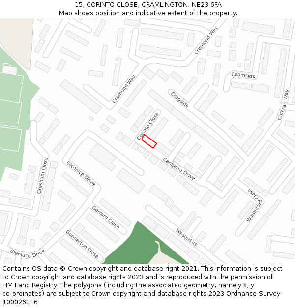 15, CORINTO CLOSE, CRAMLINGTON, NE23 6FA: Location map and indicative extent of plot