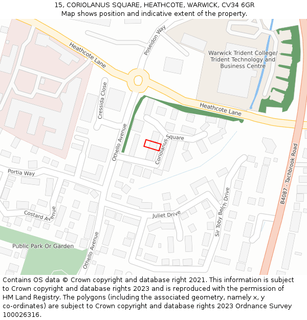 15, CORIOLANUS SQUARE, HEATHCOTE, WARWICK, CV34 6GR: Location map and indicative extent of plot