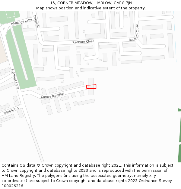 15, CORNER MEADOW, HARLOW, CM18 7JN: Location map and indicative extent of plot