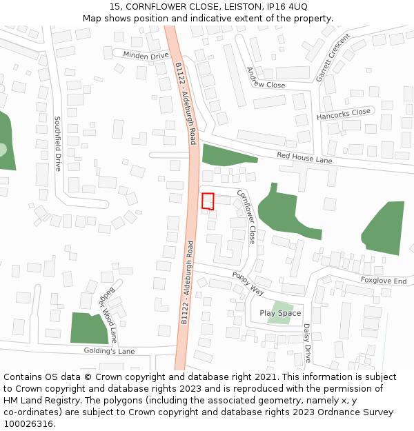 15, CORNFLOWER CLOSE, LEISTON, IP16 4UQ: Location map and indicative extent of plot