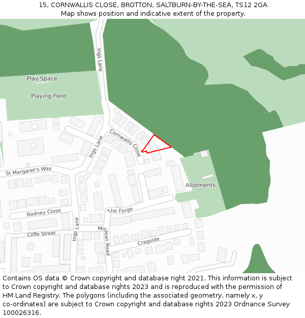 15, CORNWALLIS CLOSE, BROTTON, SALTBURN-BY-THE-SEA, TS12 2GA: Location map and indicative extent of plot