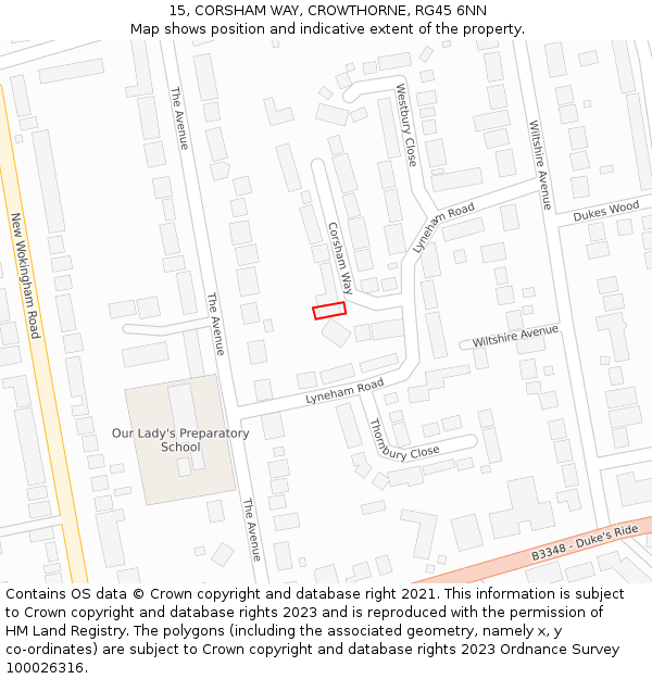 15, CORSHAM WAY, CROWTHORNE, RG45 6NN: Location map and indicative extent of plot