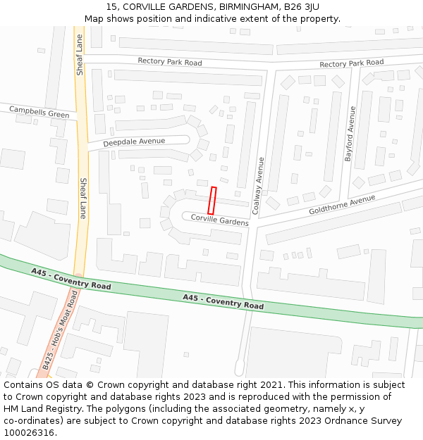 15, CORVILLE GARDENS, BIRMINGHAM, B26 3JU: Location map and indicative extent of plot