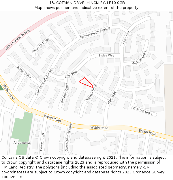 15, COTMAN DRIVE, HINCKLEY, LE10 0GB: Location map and indicative extent of plot