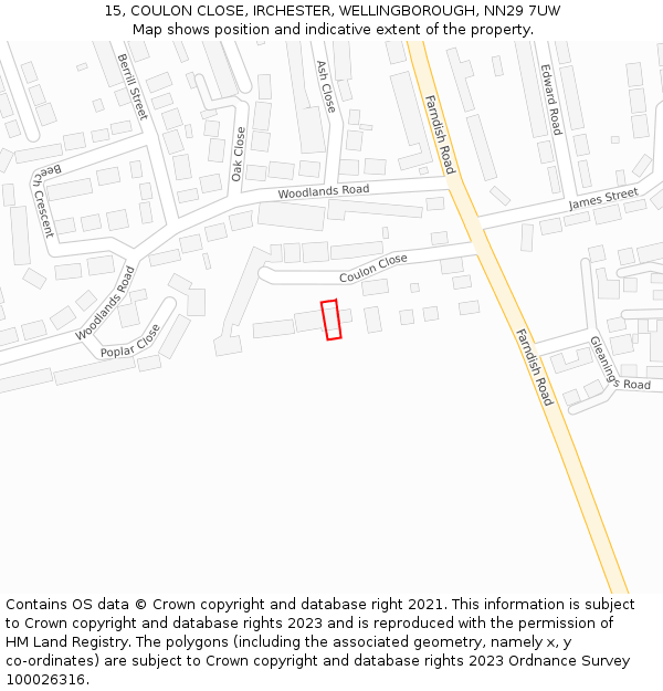15, COULON CLOSE, IRCHESTER, WELLINGBOROUGH, NN29 7UW: Location map and indicative extent of plot