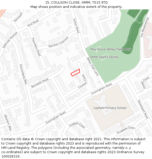 15, COULSON CLOSE, YARM, TS15 9TQ: Location map and indicative extent of plot