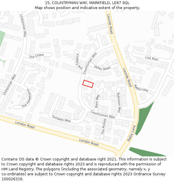 15, COUNTRYMAN WAY, MARKFIELD, LE67 9QL: Location map and indicative extent of plot