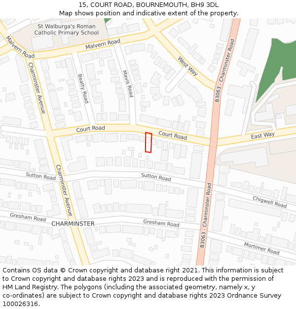 15, COURT ROAD, BOURNEMOUTH, BH9 3DL: Location map and indicative extent of plot