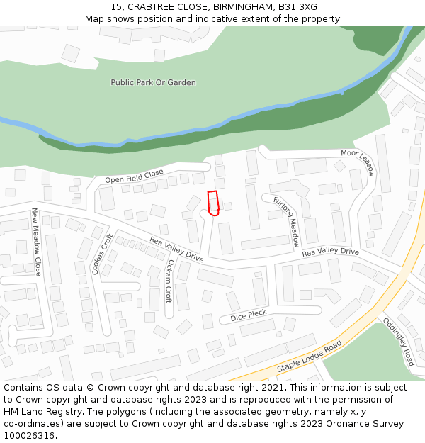 15, CRABTREE CLOSE, BIRMINGHAM, B31 3XG: Location map and indicative extent of plot