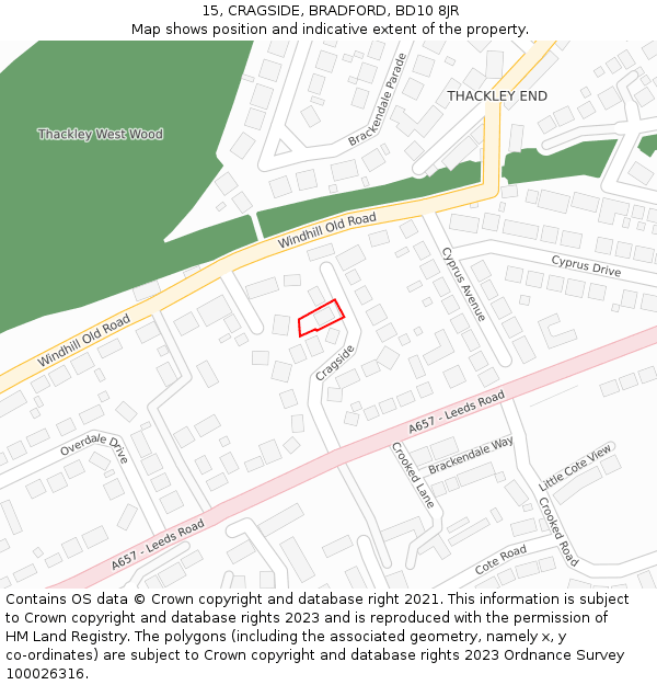 15, CRAGSIDE, BRADFORD, BD10 8JR: Location map and indicative extent of plot