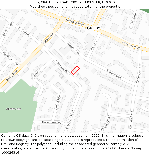 15, CRANE LEY ROAD, GROBY, LEICESTER, LE6 0FD: Location map and indicative extent of plot