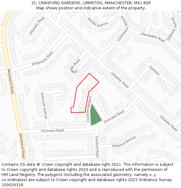 15, CRANFORD GARDENS, URMSTON, MANCHESTER, M41 8SP: Location map and indicative extent of plot