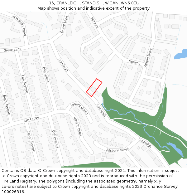 15, CRANLEIGH, STANDISH, WIGAN, WN6 0EU: Location map and indicative extent of plot