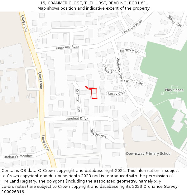 15, CRANMER CLOSE, TILEHURST, READING, RG31 6FL: Location map and indicative extent of plot