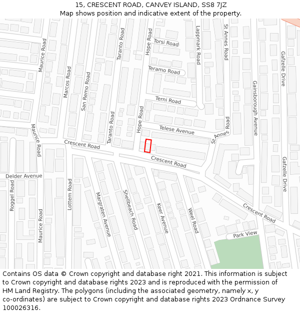 15, CRESCENT ROAD, CANVEY ISLAND, SS8 7JZ: Location map and indicative extent of plot