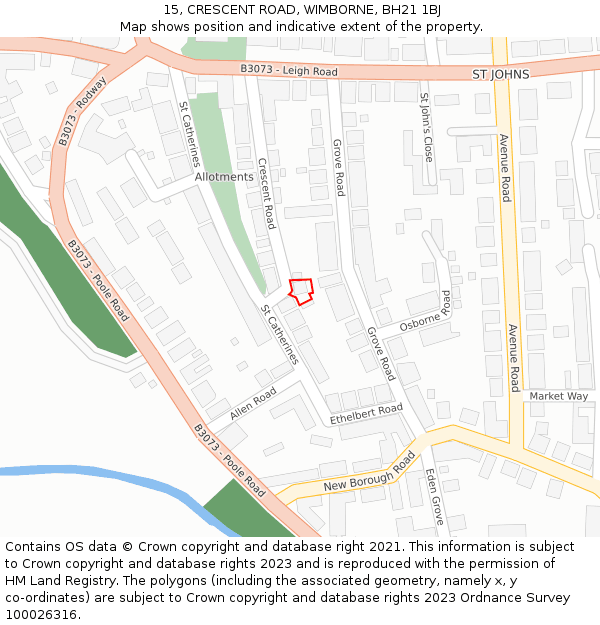 15, CRESCENT ROAD, WIMBORNE, BH21 1BJ: Location map and indicative extent of plot